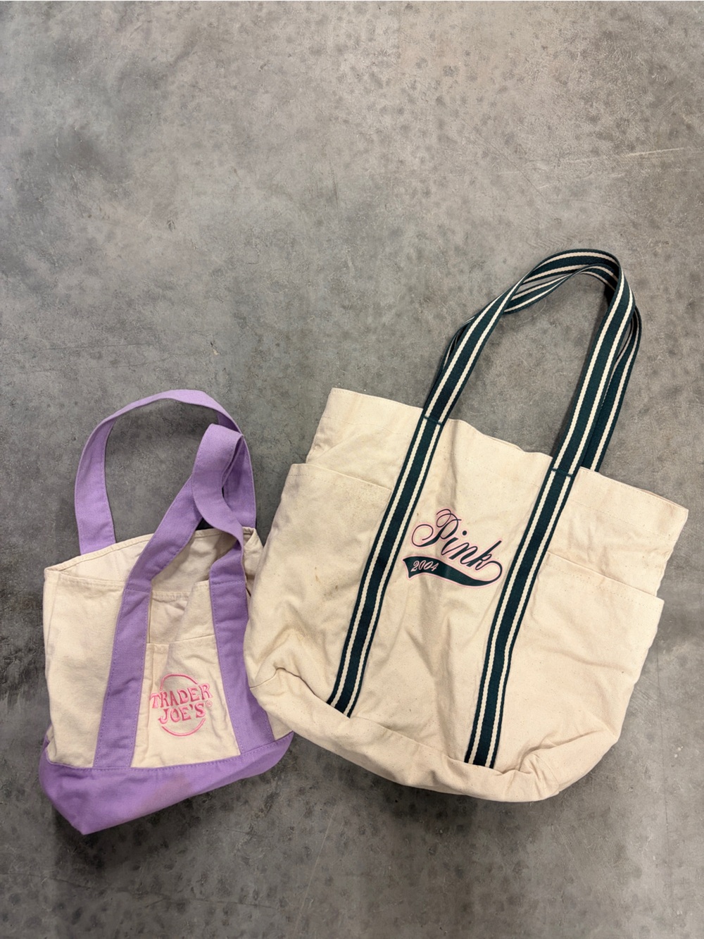Trader Joe's Cream Canvas Tote with Purple Trim and Handles